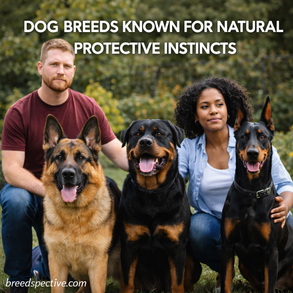 German Shepherd, Rottweiler, and Doberman Pinscher sitting alert with their owners outdoors, illustrating dog breeds known for natural protective instincts.