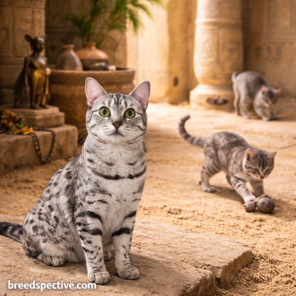 Egyptian Mau cat sitting in an ancient Egyptian–style setting while younger Egyptian Mau cats play in the background.