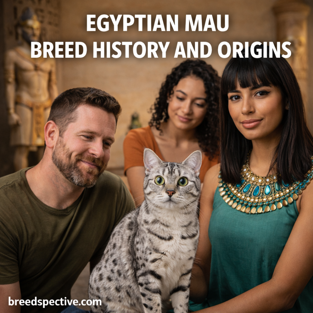 Egyptian Mau cat with owners in an ancient Egyptian–inspired setting, representing the breed’s history and origins.