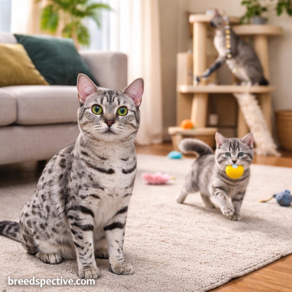 Adult Egyptian Mau cat sitting alert indoors while younger Egyptian Mau cats play with toys in the background.
