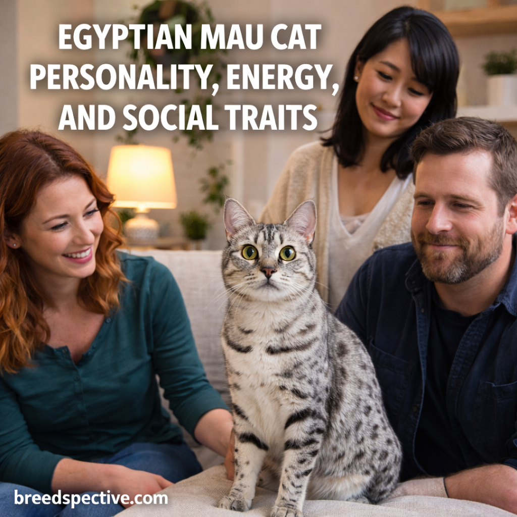 Egyptian Mau cat sitting with owners indoors, highlighting the breed’s personality, energy level, and social traits.
