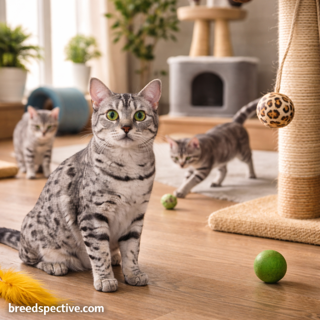 Adult Egyptian Mau cat indoors while younger Egyptian Mau cats play with toys in the background.