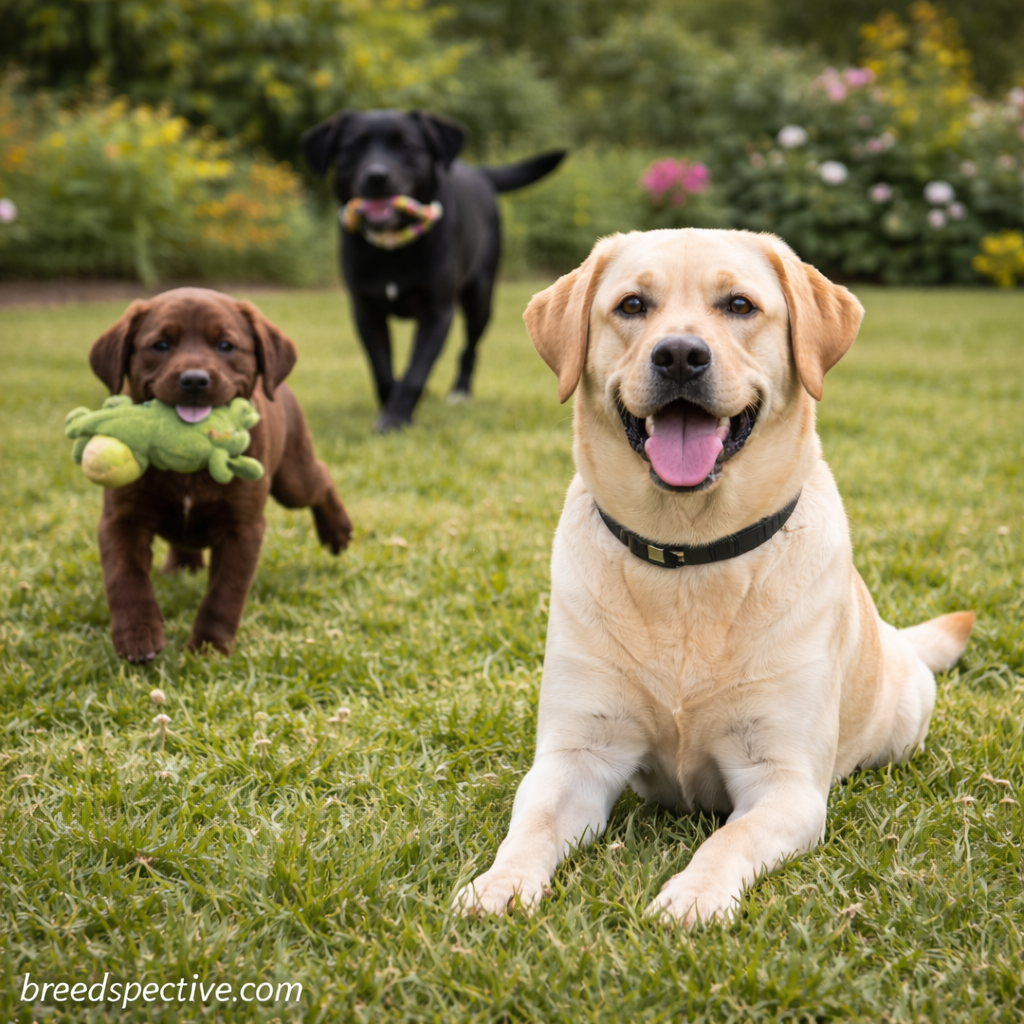 Labrador Retrievers of different ages and coat colors playing together in a grassy yard, showing gentle, playful behavior ideal for families with young children.