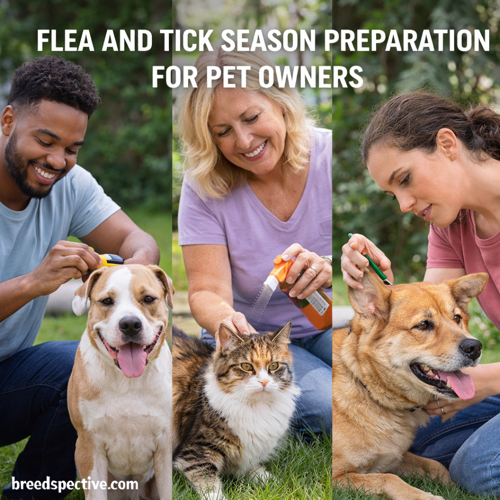 Pet owners checking dogs and cats for fleas and ticks outdoors, showing seasonal parasite prevention and responsible pet care.