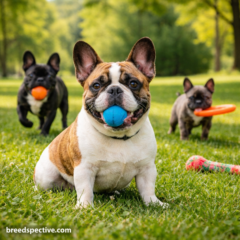 French Bulldogs of different ages playing fetch outdoors, showing typical energy level and playful temperament.