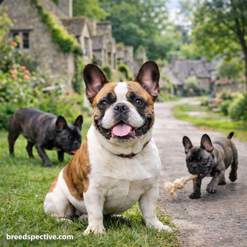 French Bulldogs of different ages outdoors, representing early breed origins and development as companion dogs.