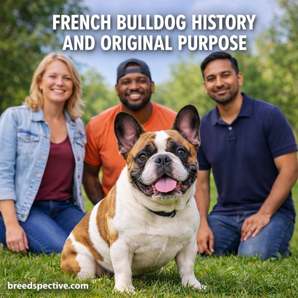 French Bulldog sitting outdoors with diverse owners, representing the breed’s history and original purpose as a companion dog.