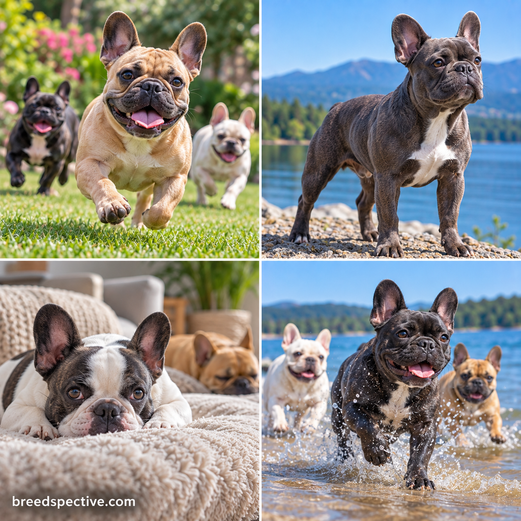French Bulldogs of different colors and ages playing, resting, exploring, and enjoying light outdoor activity.
