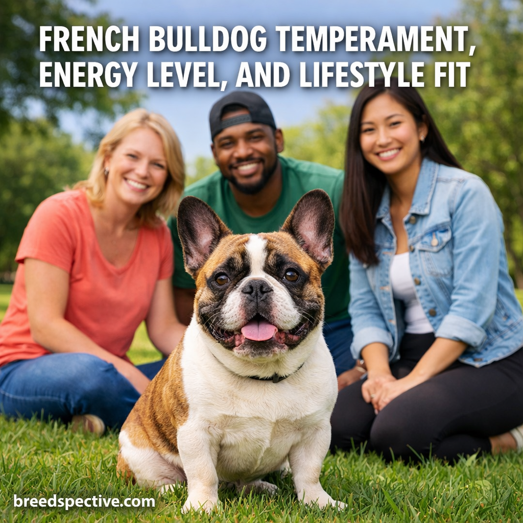 French Bulldog sitting on grass with diverse owners, illustrating temperament, energy level, and lifestyle fit.