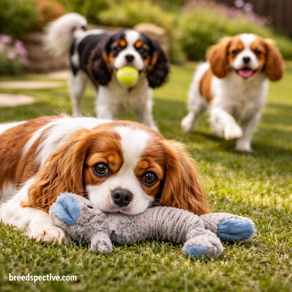Cavalier King Charles Spaniels playing calmly outdoors, showing gentle temperament and suitability for special needs owners.