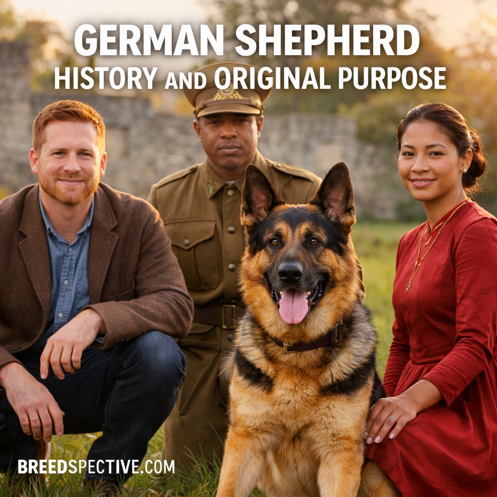 German Shepherd sitting with people in a historical setting, representing the breed’s history and original working purpose.