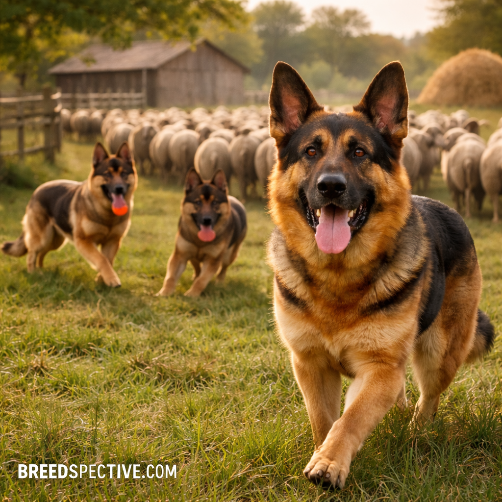 German Shepherd dogs of different ages herding sheep in a rural field, showing the breed’s original working purpose.