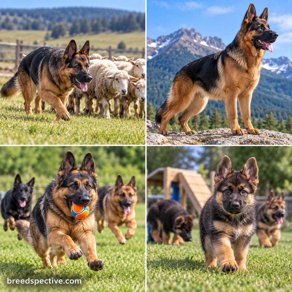 German Shepherds herding sheep, displaying athletic build, playing fetch, and exploring at different ages.