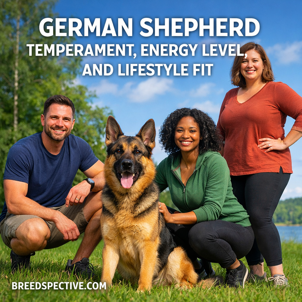 German Shepherd sitting with a diverse group of people outdoors, representing temperament, energy level, and lifestyle fit.
