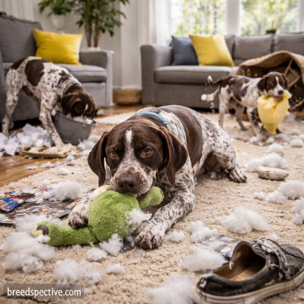 German Shorthaired Pointers destroying toys indoors, showing boredom-related destructive behavior common in the breed.