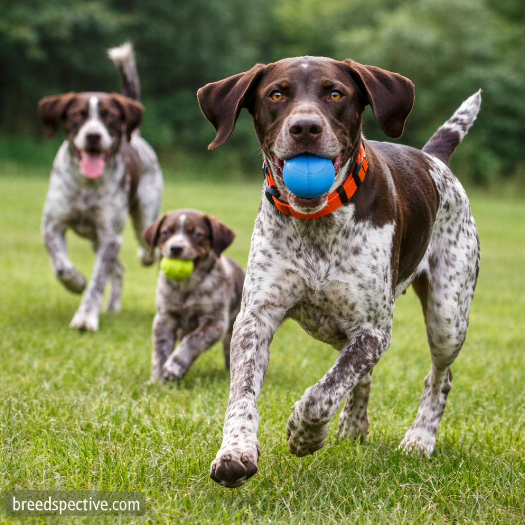 German Shorthaired Pointers of different ages running and playing outdoors, showing the breed’s high energy level and exercise needs.