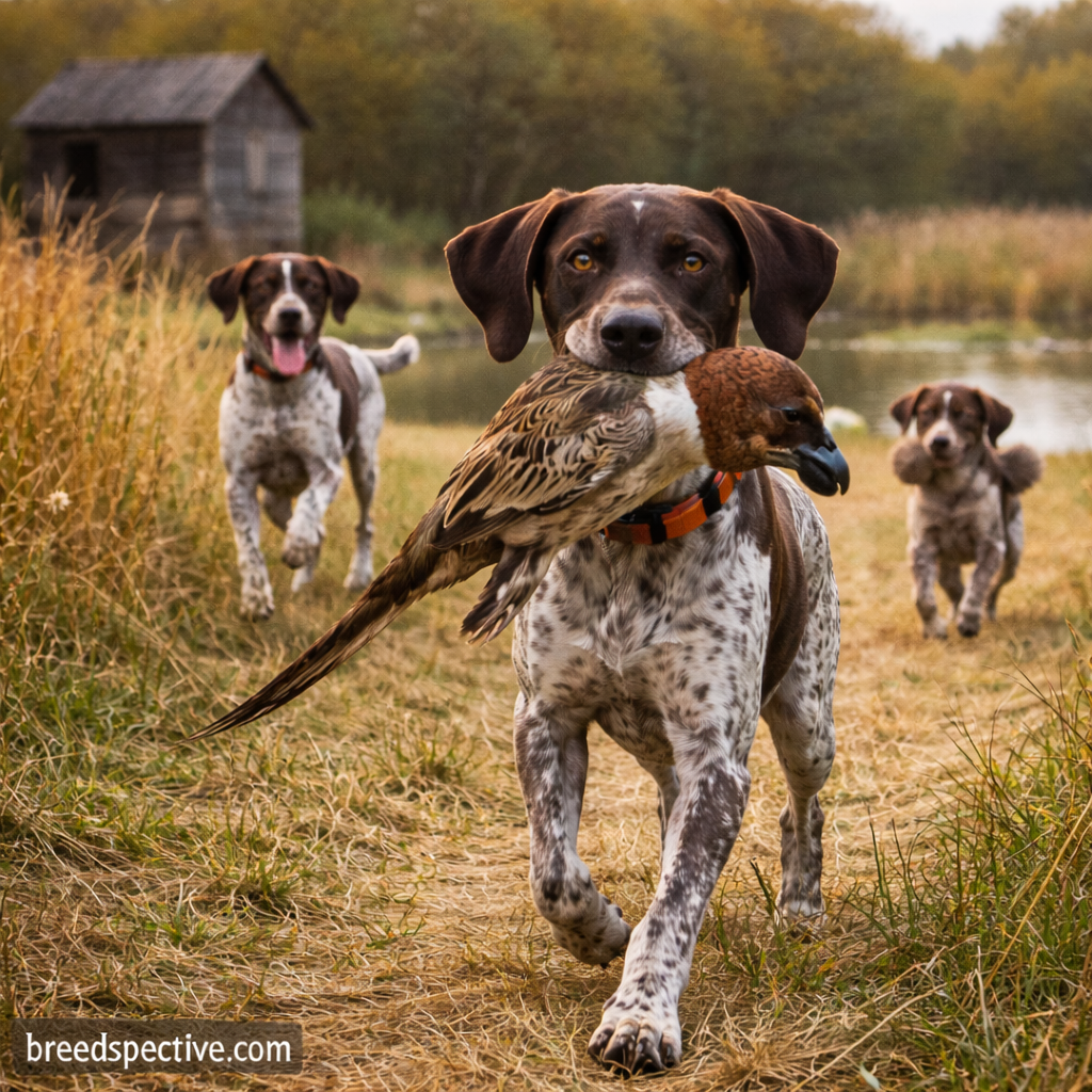 German Shorthaired Pointers retrieving game in a rural field, showing the breed’s original purpose as a versatile hunting dog.