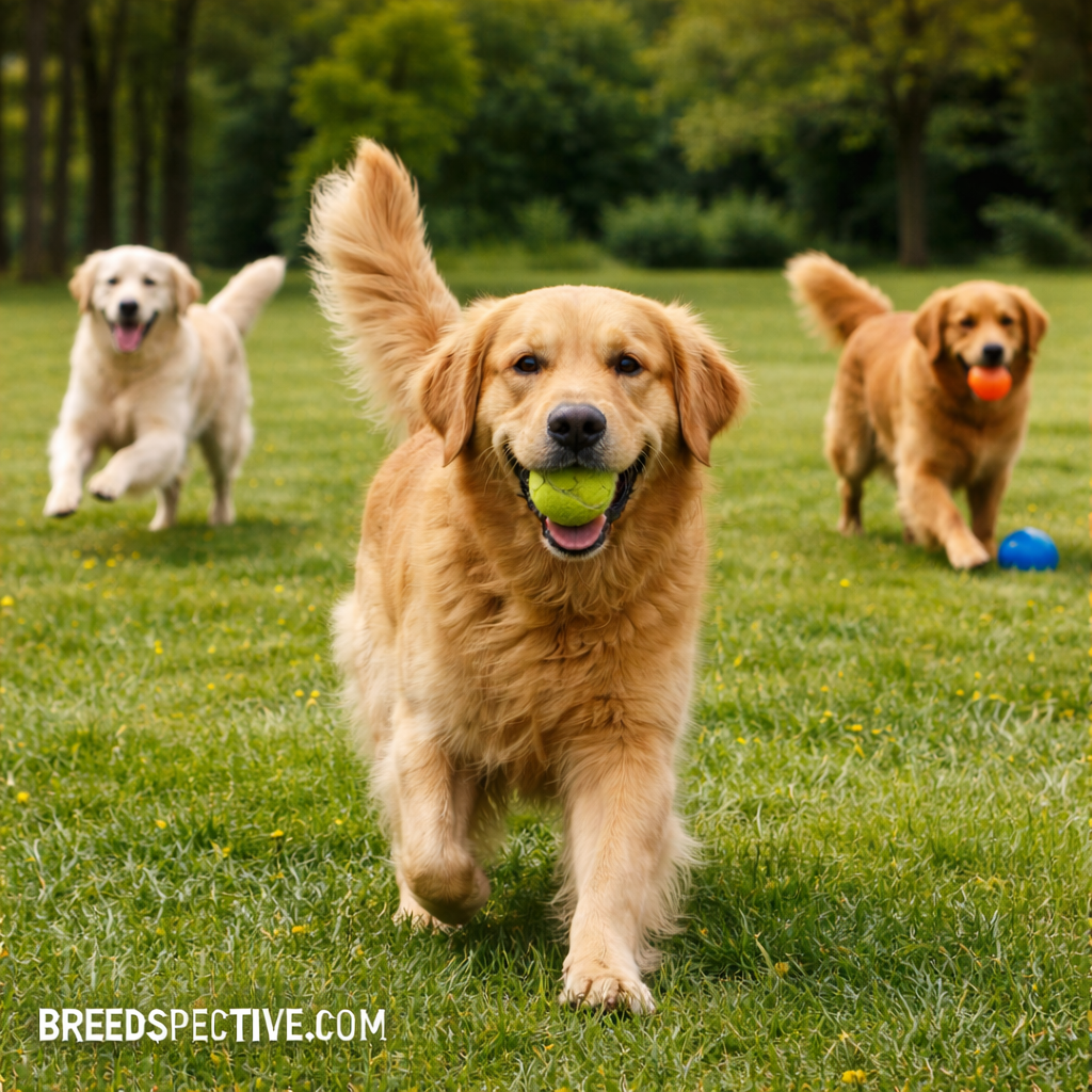 Golden Retrievers of different ages playing fetch in a grassy park, showing high energy level and daily exercise needs.