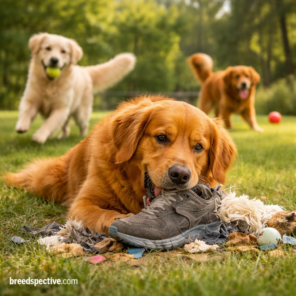 Golden Retriever chewing a shoe outdoors while other Golden Retrievers play in the background, illustrating destructive chewing behavior.