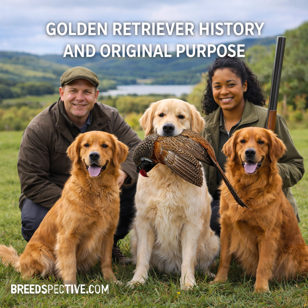 Golden Retrievers with hunters in a rural field, showing the breed’s history as a skilled retrieving and hunting dog.