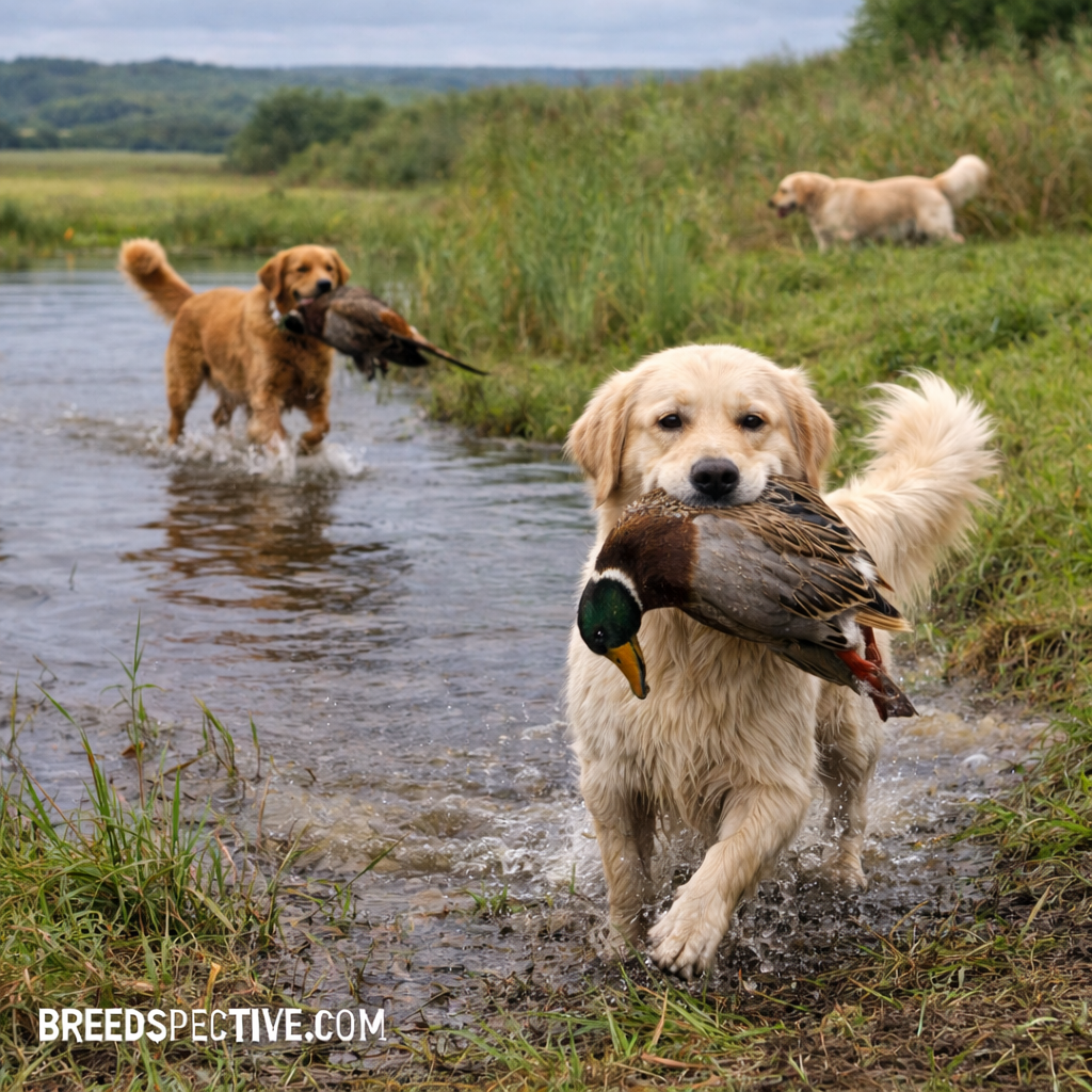 Golden Retrievers of different ages retrieving game from water and field, showing the breed’s original hunting and retrieving purpose.