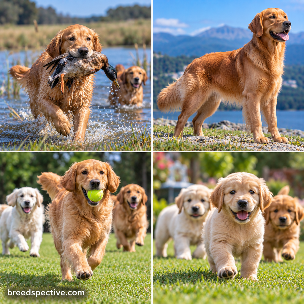 Golden Retrievers retrieving waterfowl, displaying their athletic build, playing fetch, and running outdoors at different ages.