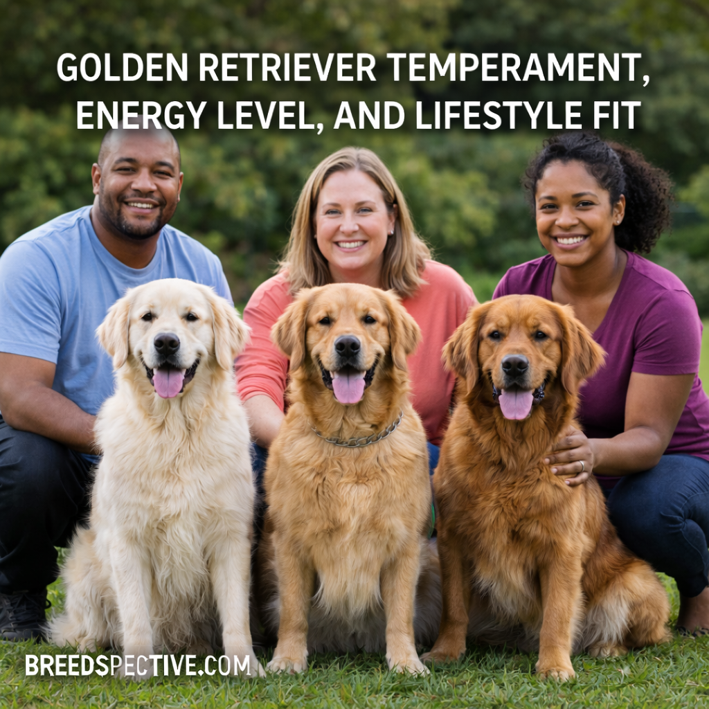 Golden Retrievers sitting with a diverse group of people outdoors, illustrating friendly temperament, energy level, and family lifestyle fit.