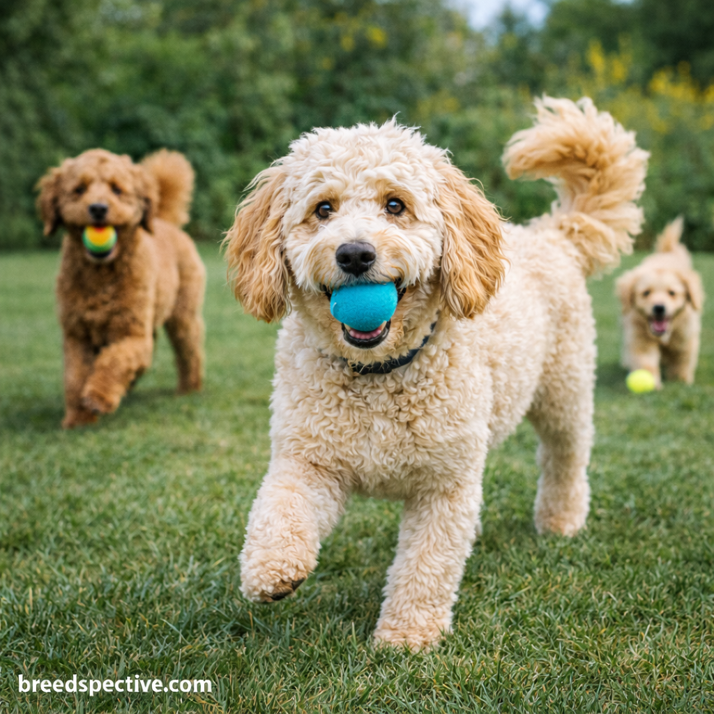 Goldendoodles of different ages playing fetch outdoors, showing energy level and playful family-friendly temperament.
