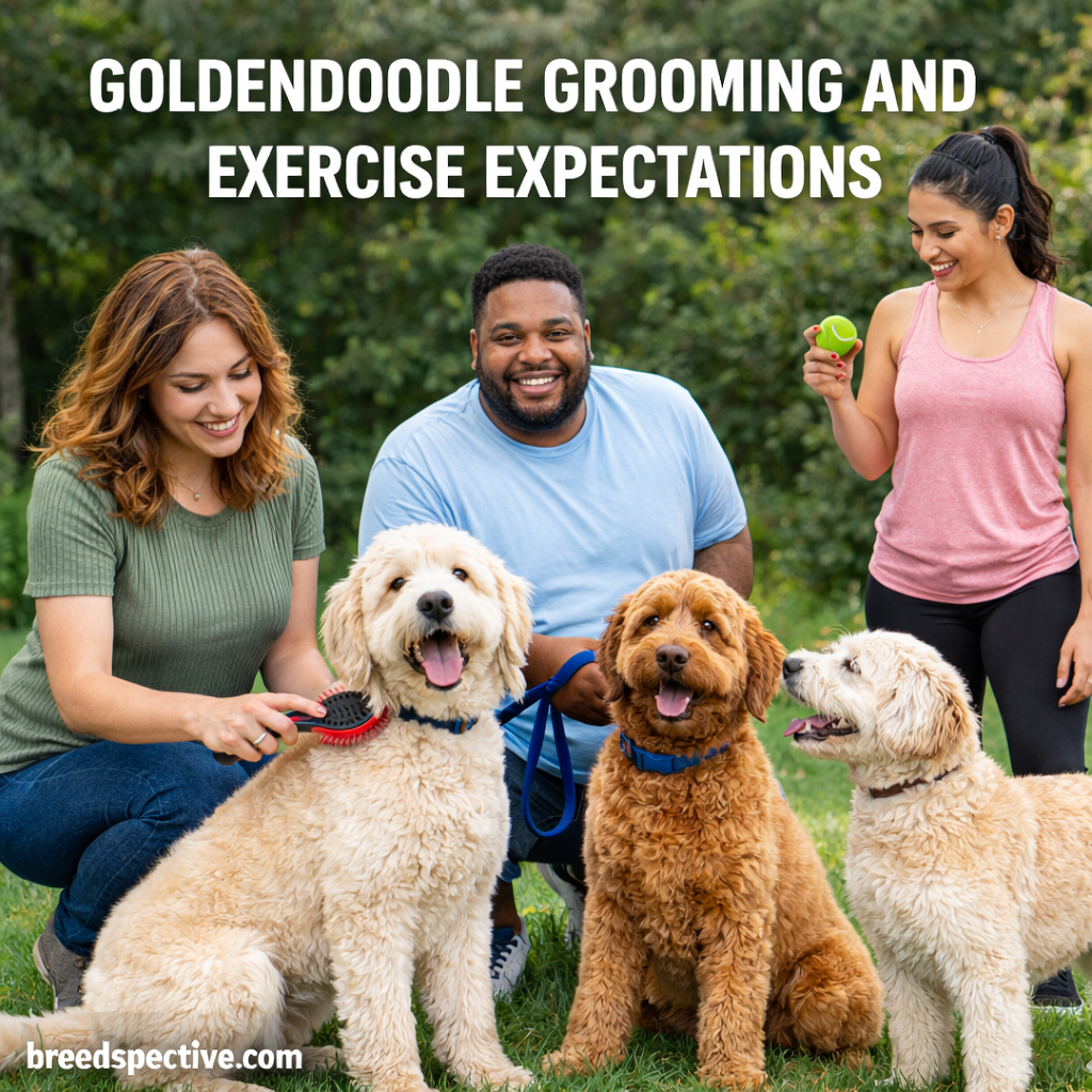 Goldendoodles with people grooming and exercising outdoors, showing coat care, daily activity needs, and social interaction.