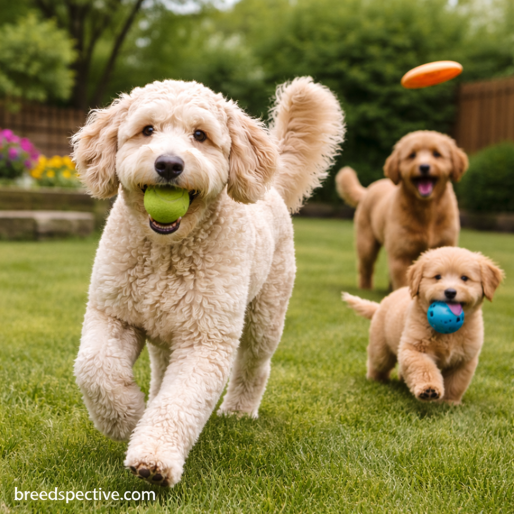 Goldendoodle dogs of different ages playing fetch together, showing the breed’s energetic and playful behavior.
