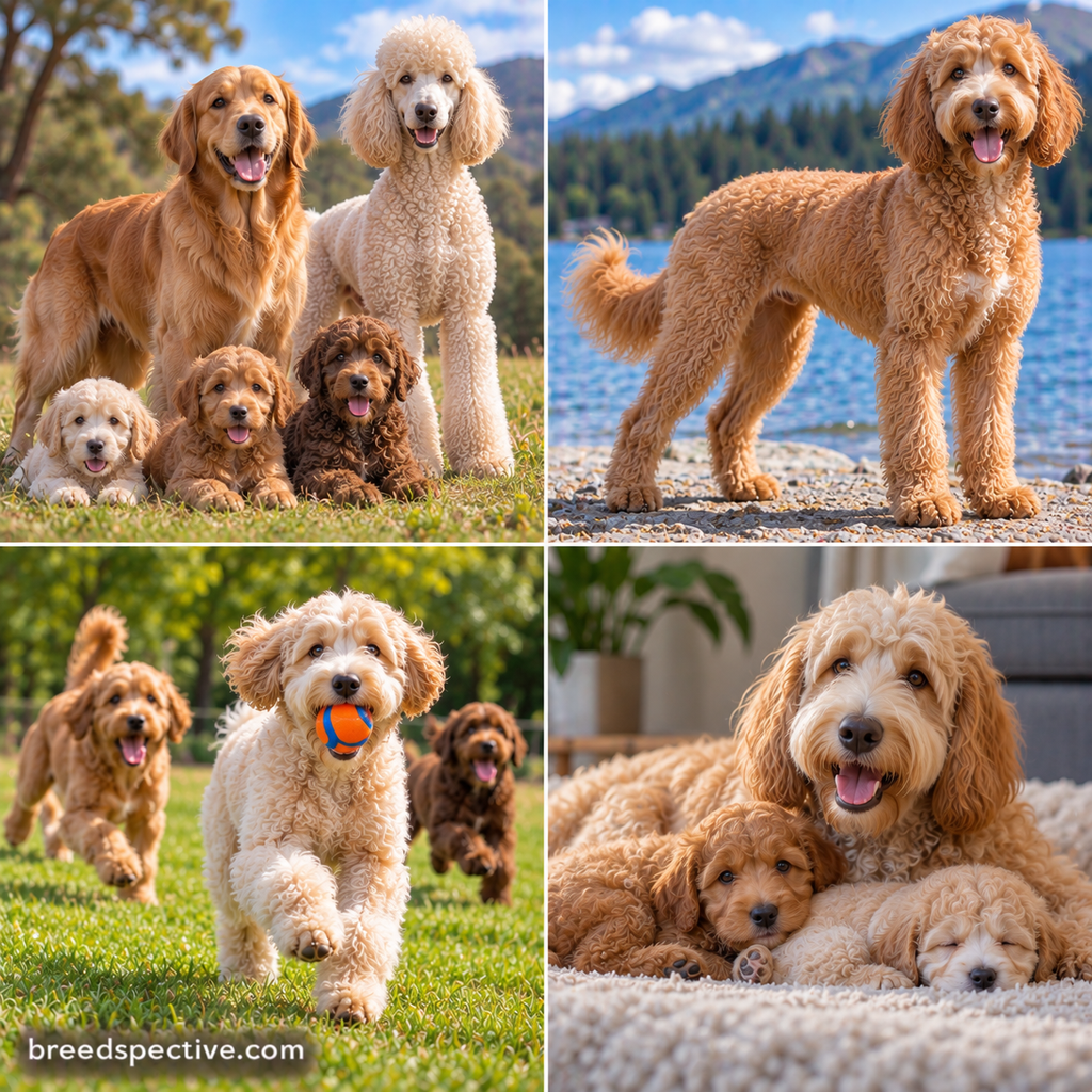 Goldendoodles of different colors and ages with Golden Retriever and Poodle ancestry, showing their build, coat variation, family companionship, and playful retrieving behavior.