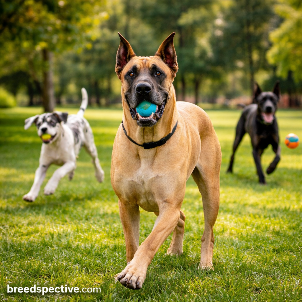 Great Danes of different ages playing outdoors, showing moderate energy levels, social behavior, and gentle activity needs.