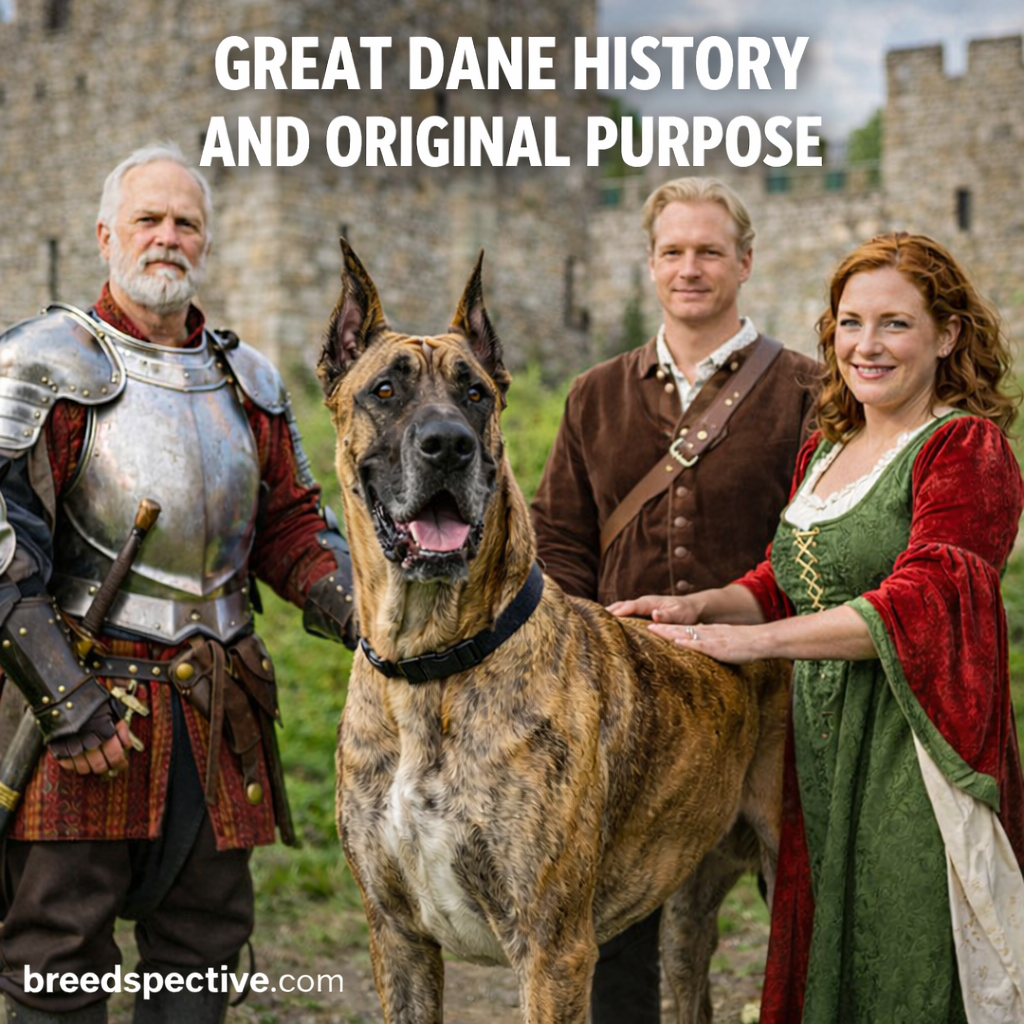 Great Dane standing with historical figures near a castle, representing the breed’s origins as a powerful hunting and guardian dog.