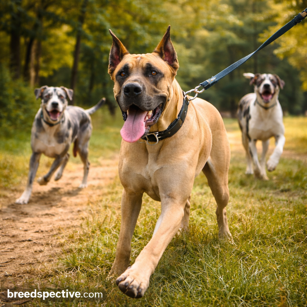 Great Danes of different ages outdoors showing excitement and pulling behavior during a walk, highlighting common leash training challenges.