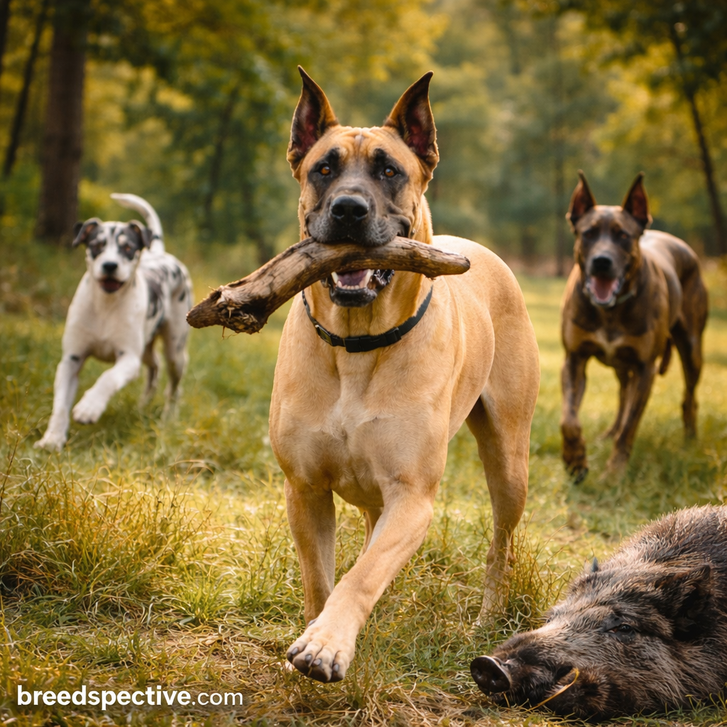 Great Danes of different ages in a forest setting, illustrating the breed’s historical role as powerful boar-hunting dogs.