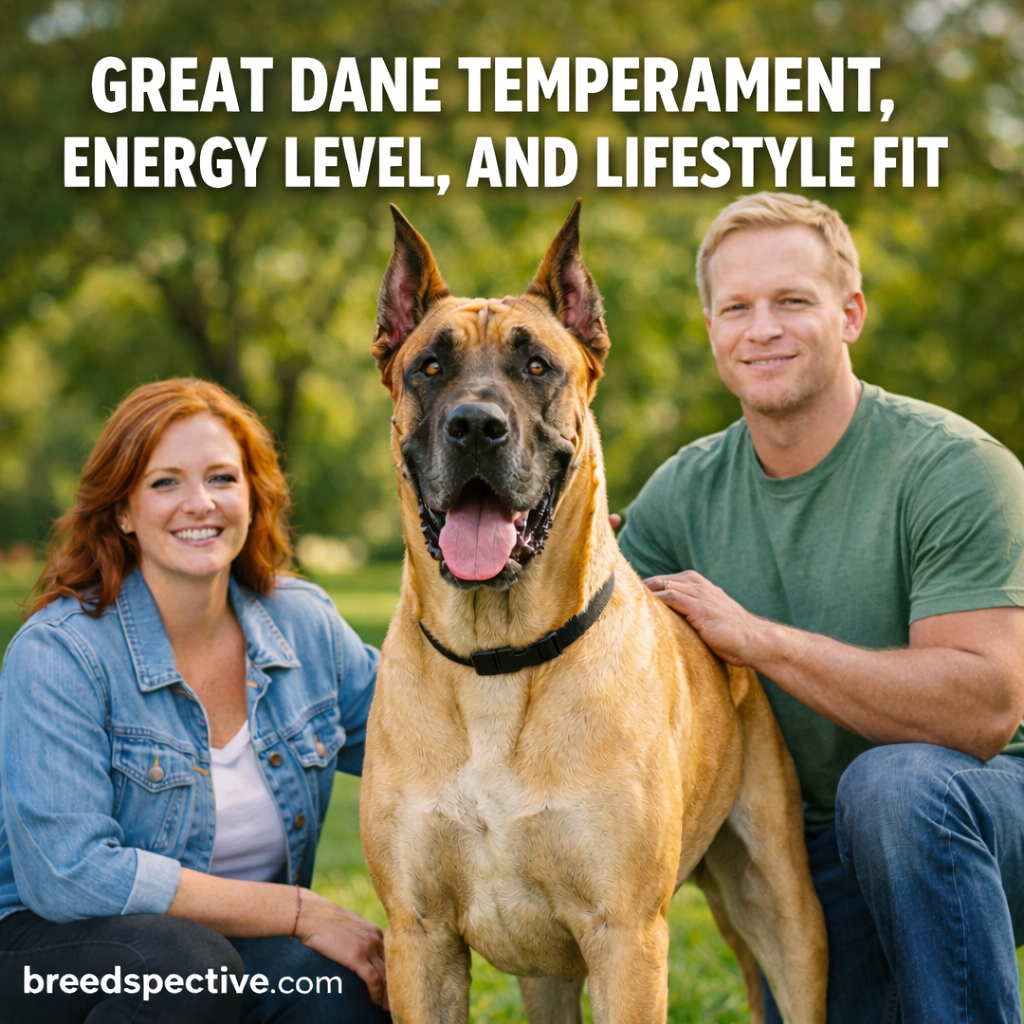 Great Dane standing with two adults outdoors showing calm temperament, moderate energy level, and family-friendly lifestyle fit.