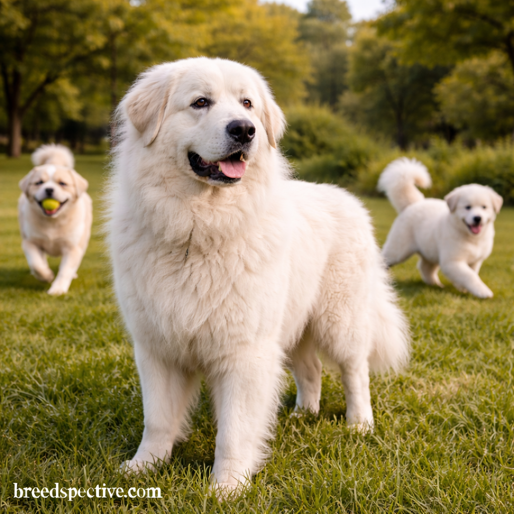 Great Pyrenees standing alert in a grassy field while other Great Pyrenees of different ages play in the background.
