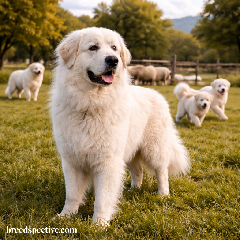 Great Pyrenees standing alert in a grassy pasture while other Great Pyrenees of different ages play and move near sheep.