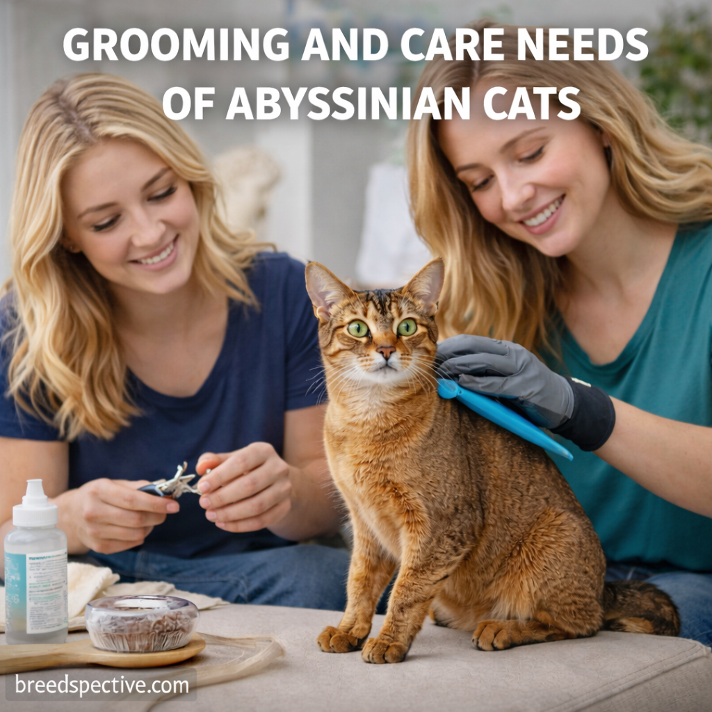 Abyssinian cat being groomed indoors by people, showing proper coat care, nail trimming, and routine grooming needs.
