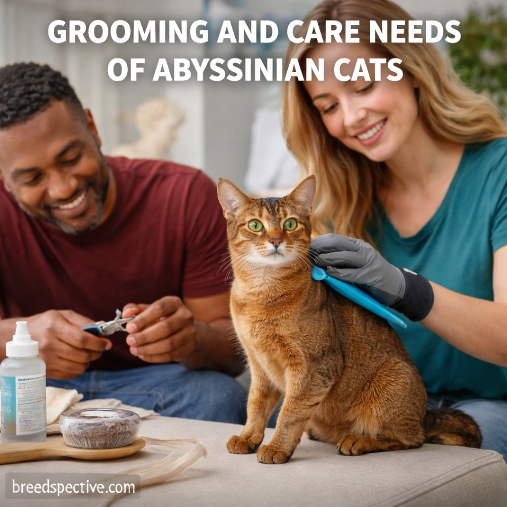 Abyssinian cat being groomed indoors by people, showing proper coat care, nail trimming, and routine grooming needs.