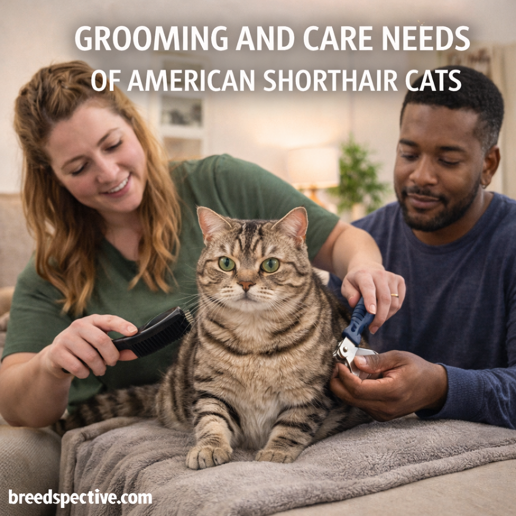 American Shorthair cat being brushed and having its nails trimmed by two adults indoors, demonstrating proper grooming and routine care.