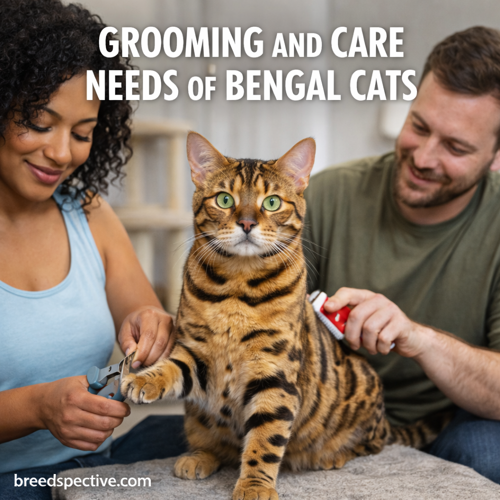 Bengal cat being groomed by owners, showing nail trimming and brushing as part of routine care.
