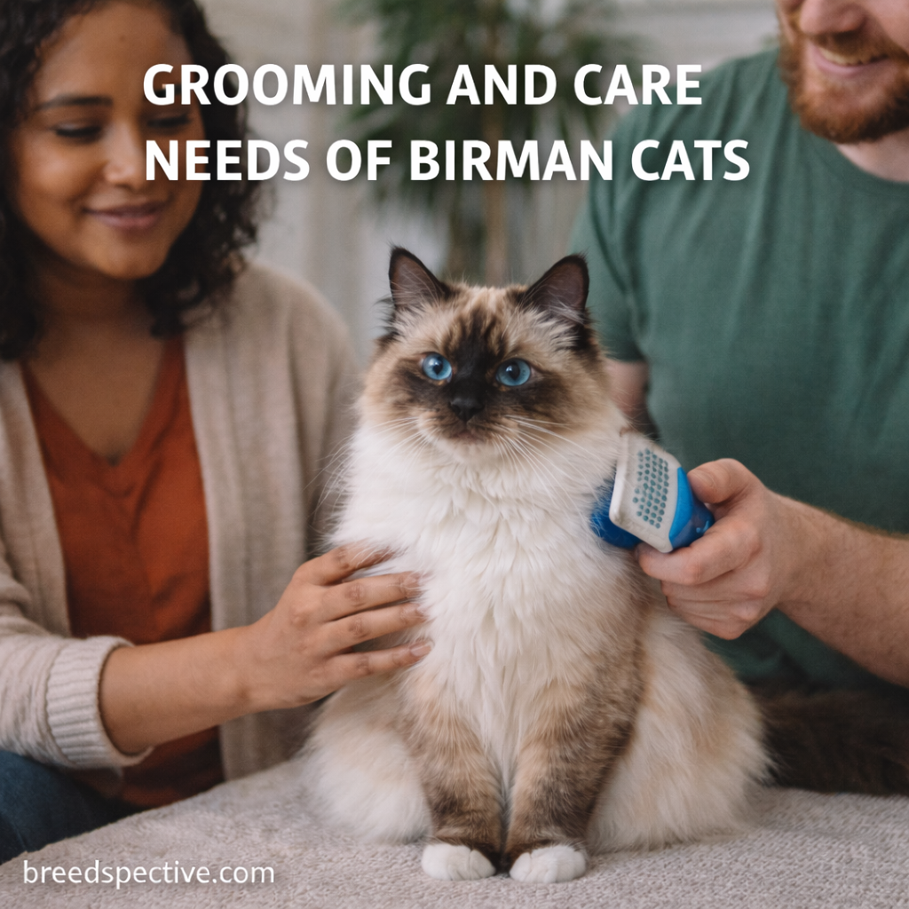 Birman cat being gently groomed by diverse owners, illustrating proper coat care and daily grooming needs.
