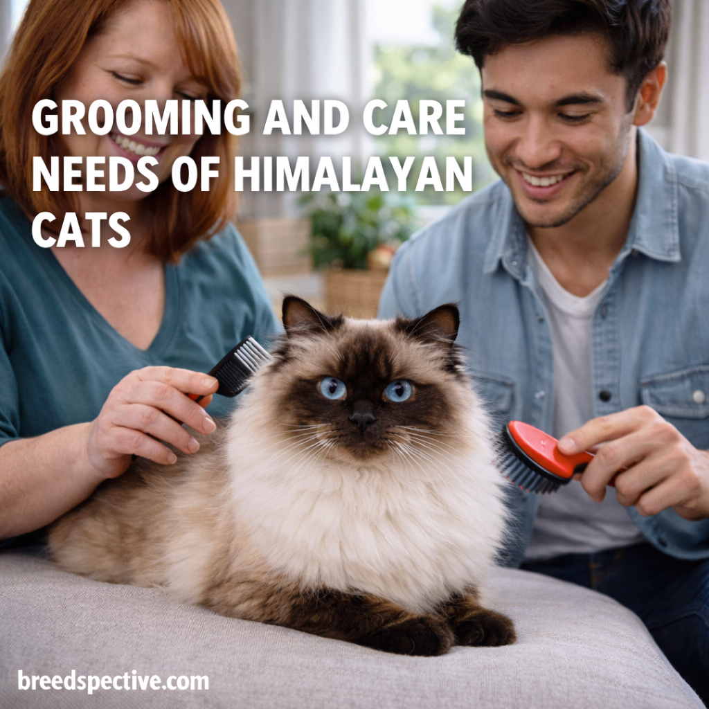 Himalayan cat being groomed by owners, showing proper coat care, brushing routine, and calm handling.