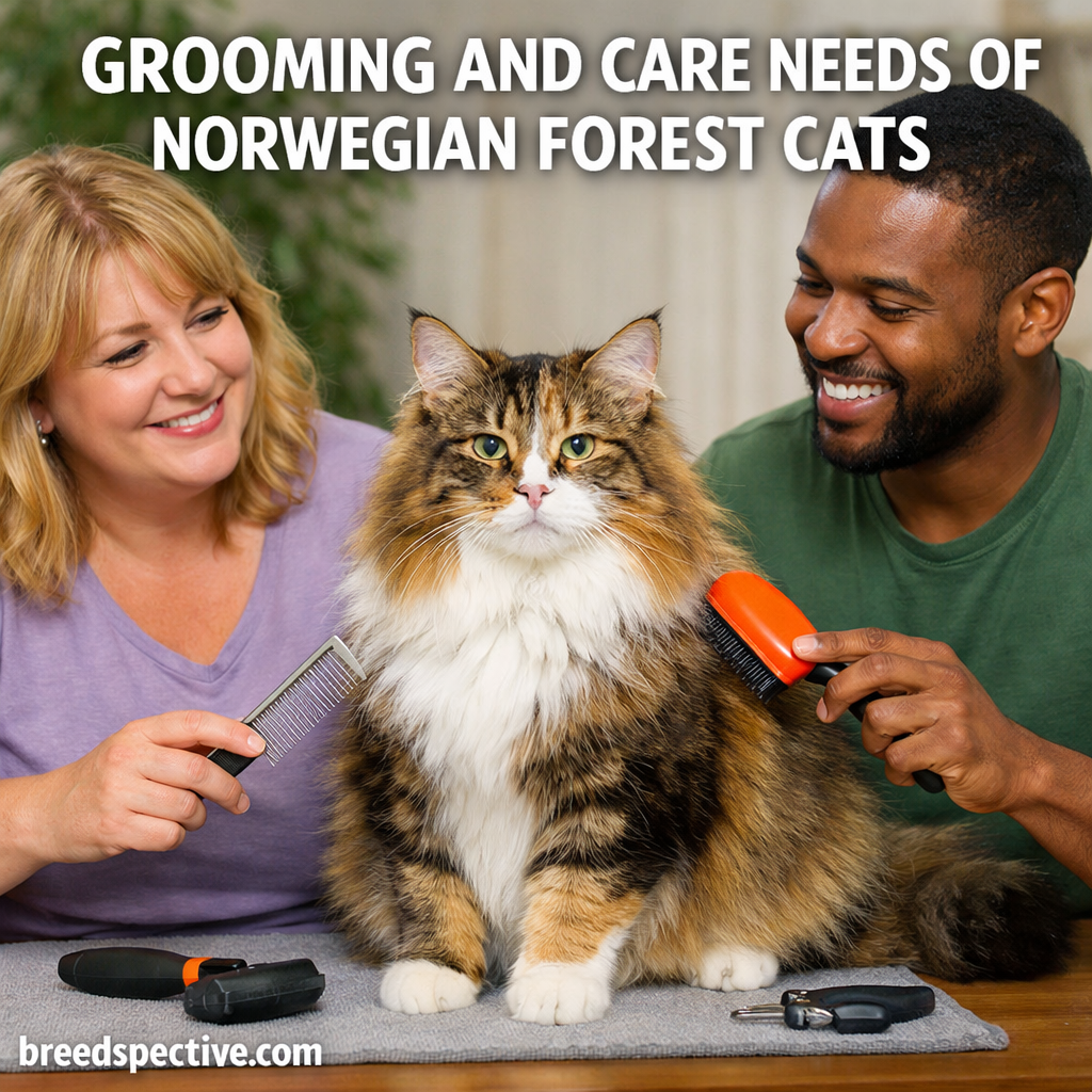 Norwegian Forest Cat being groomed by two adults using brushes in a bright indoor setting, showing proper coat care and maintenance.