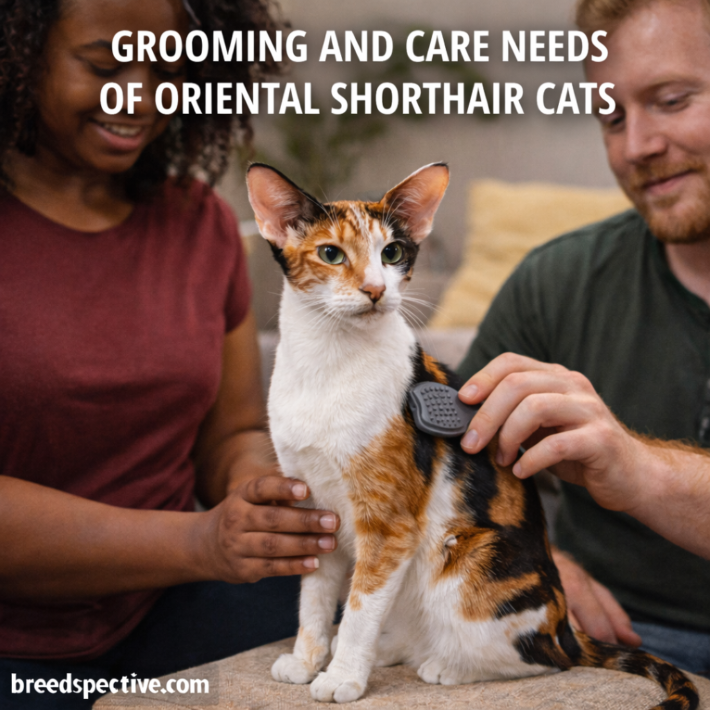Oriental Shorthair cat being gently brushed by two adults indoors, showing proper grooming, skin care, and calm handling.