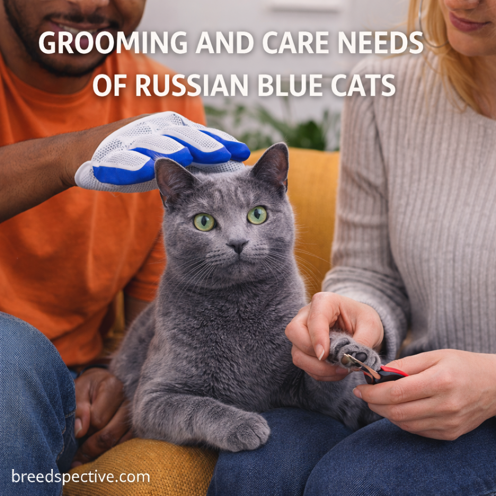 Russian Blue cat being gently groomed and having nails trimmed by diverse owners, showing proper grooming and care routines.