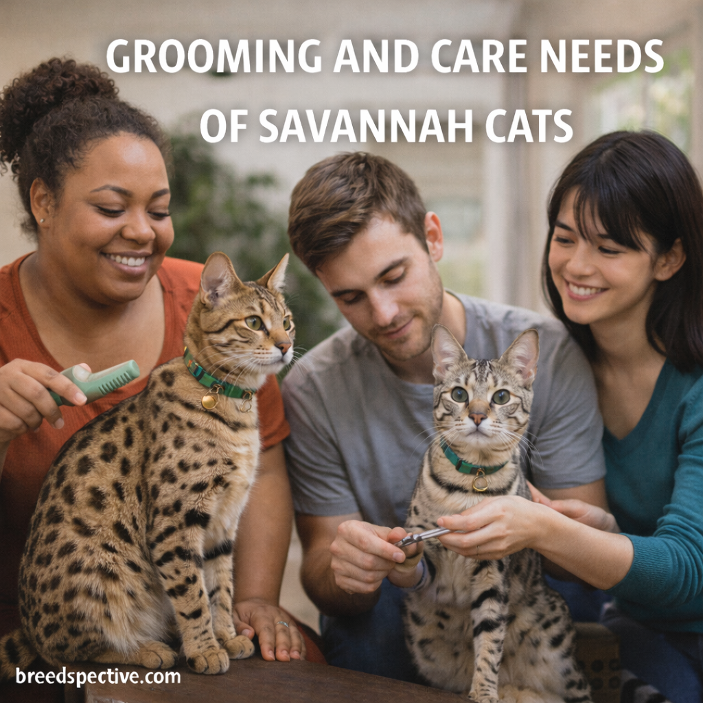 Savannah cats being groomed indoors, showing proper grooming routines and care needs for this active breed.