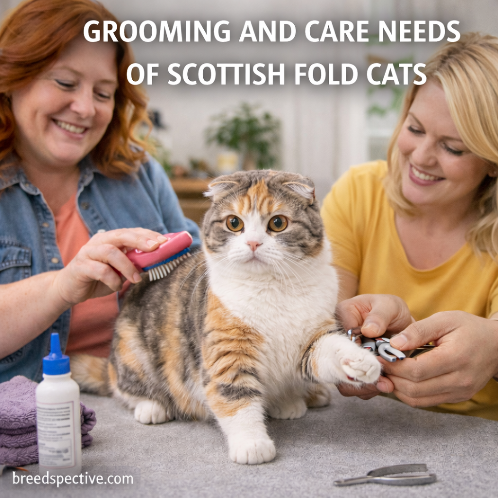 Scottish Fold cat being groomed by people indoors, showing proper coat care, nail trimming, and overall grooming needs.