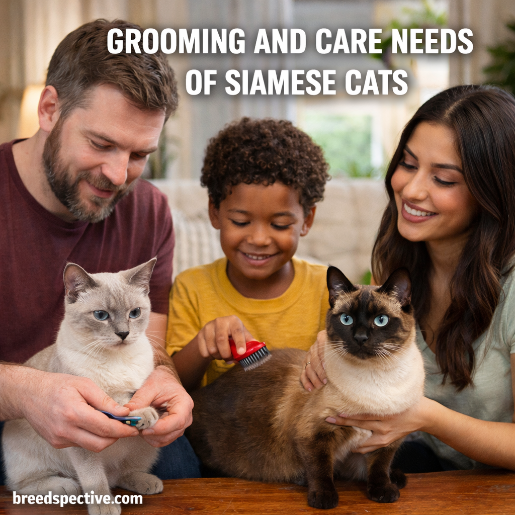People gently grooming Siamese cats indoors, showing proper brushing, nail care, and calm handling for the breed.